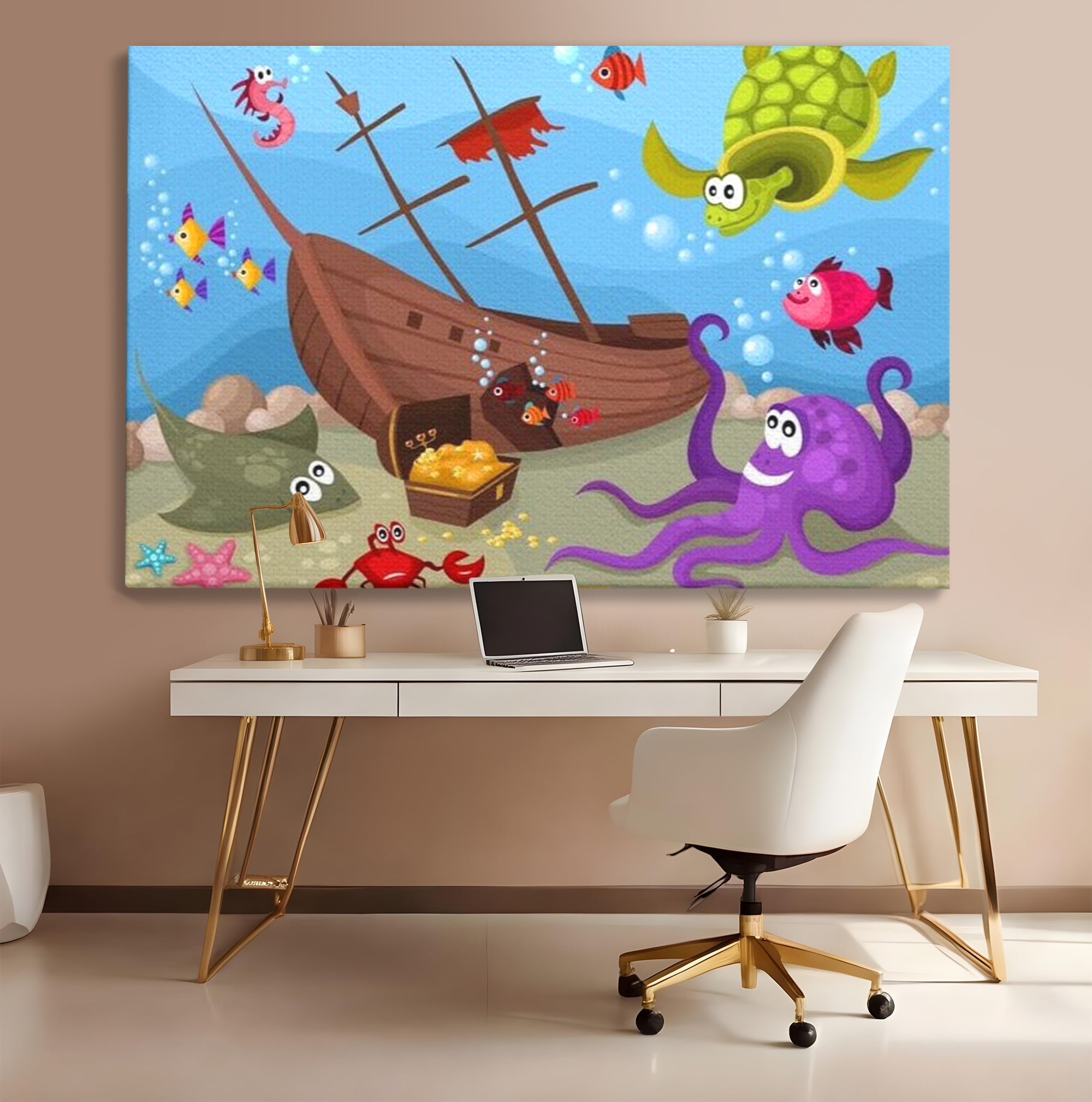 Tablou canvas cu ilustratie animata cu vietuitoare marine si epava, fara rama, pe sasiu de lemn, pe perete intr-un birou